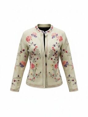 Embroidered Floral Light Green Cream Jacket - Women's Lightweight Coat